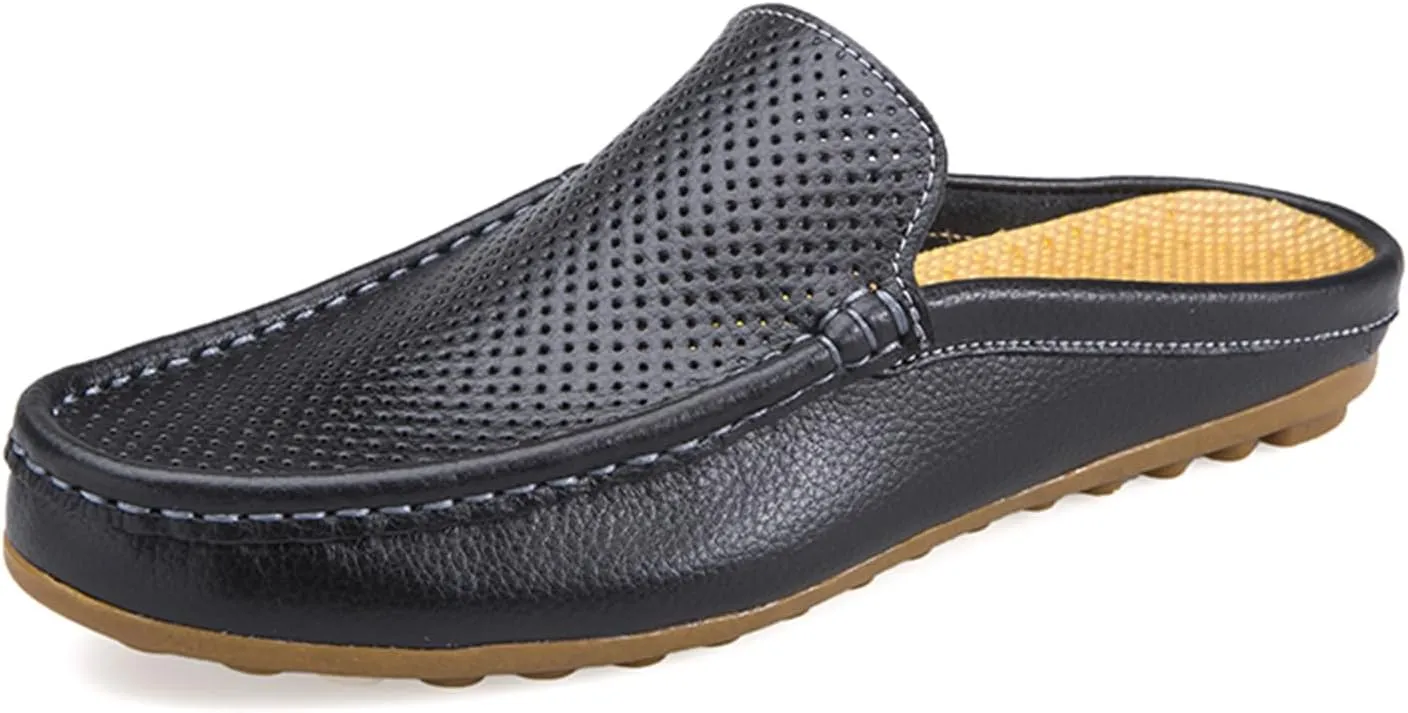 Men's Hollow Leather Slip On Mules Clog Slippers Casual Round Toe Backless Flat Loafers Dress Shoes for Walking Wedding