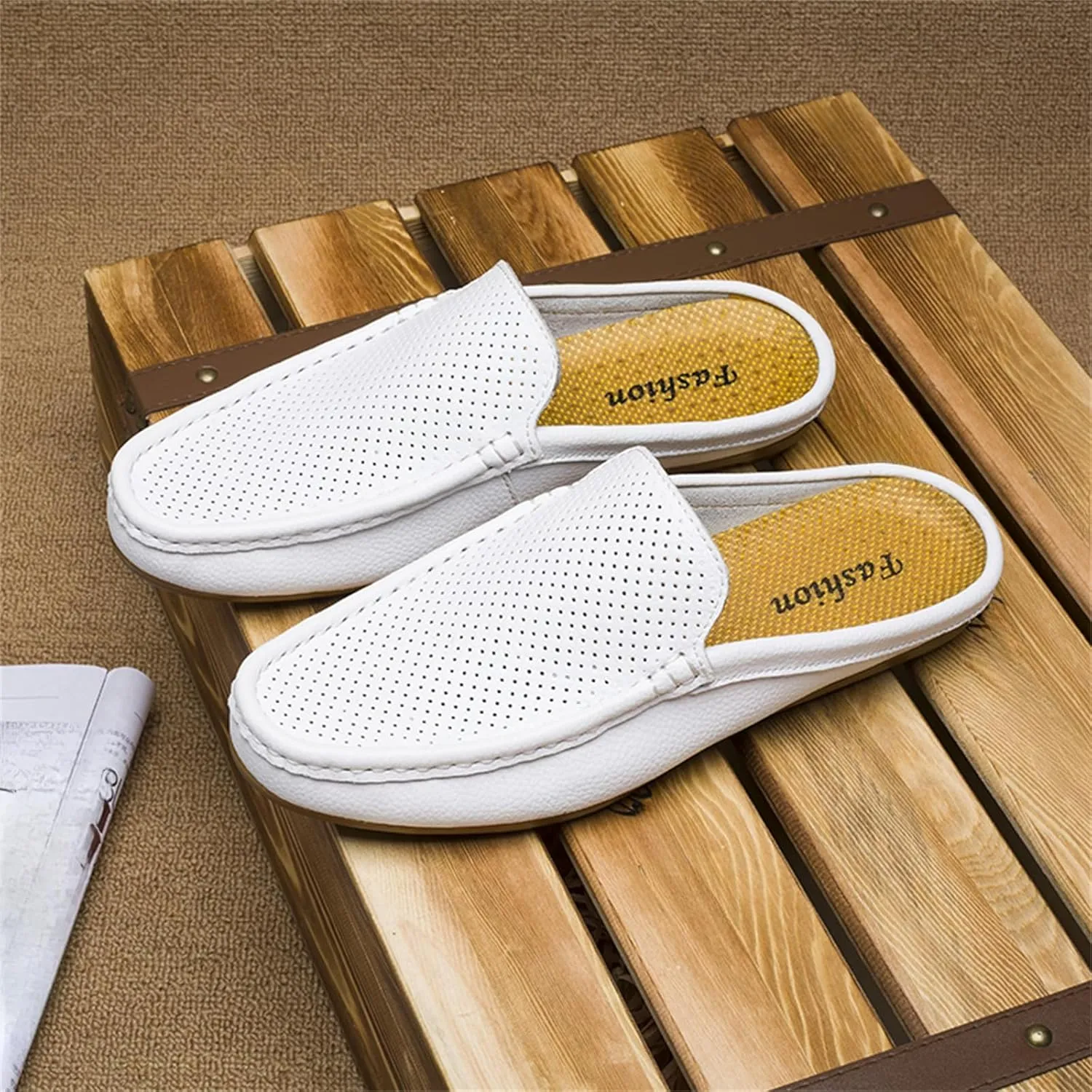 Men's Hollow Leather Slip On Mules Clog Slippers Casual Round Toe Backless Flat Loafers Dress Shoes for Walking Wedding