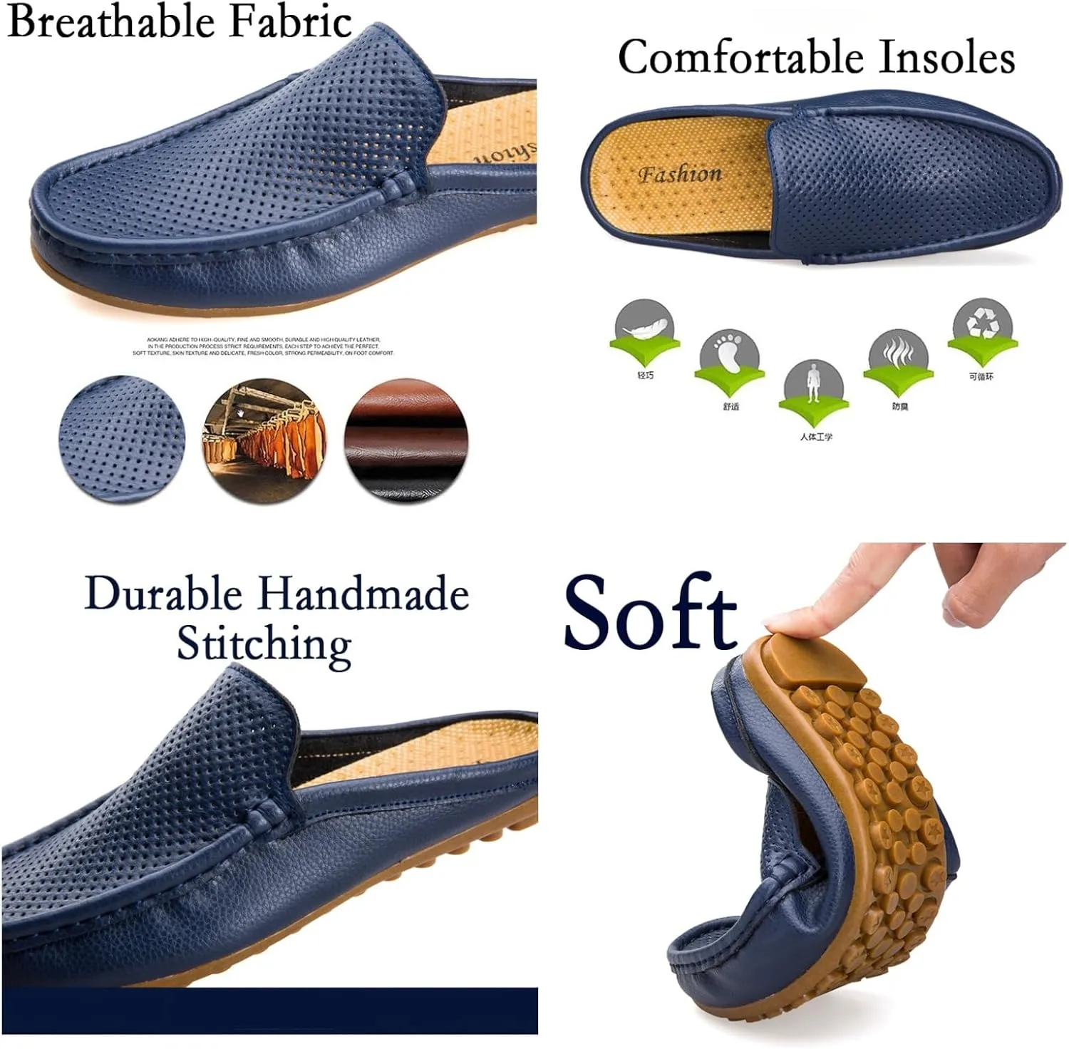 Men's Hollow Leather Slip On Mules Clog Slippers Casual Round Toe Backless Flat Loafers Dress Shoes for Walking Wedding