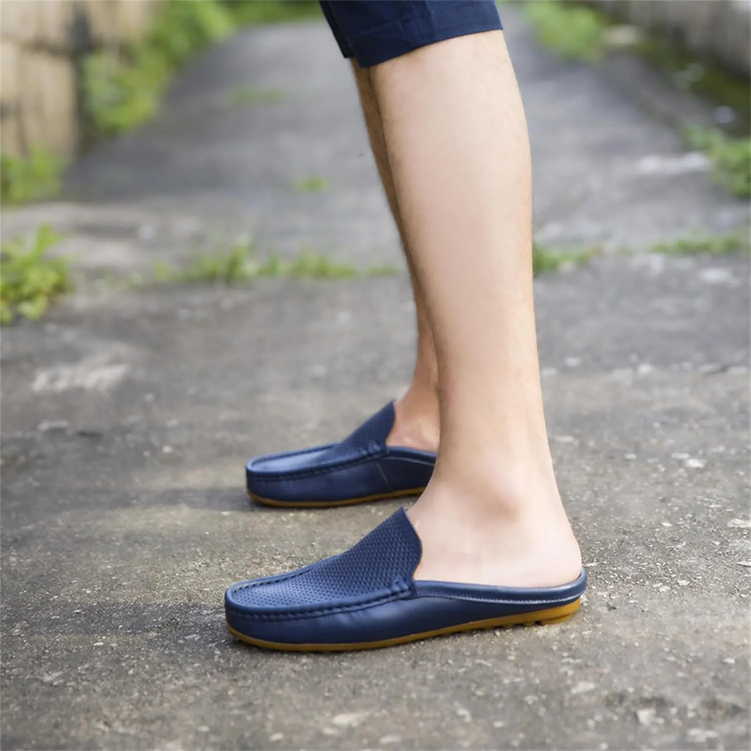 Men's Hollow Leather Slip On Mules Clog Slippers Casual Round Toe Backless Flat Loafers Dress Shoes for Walking Wedding