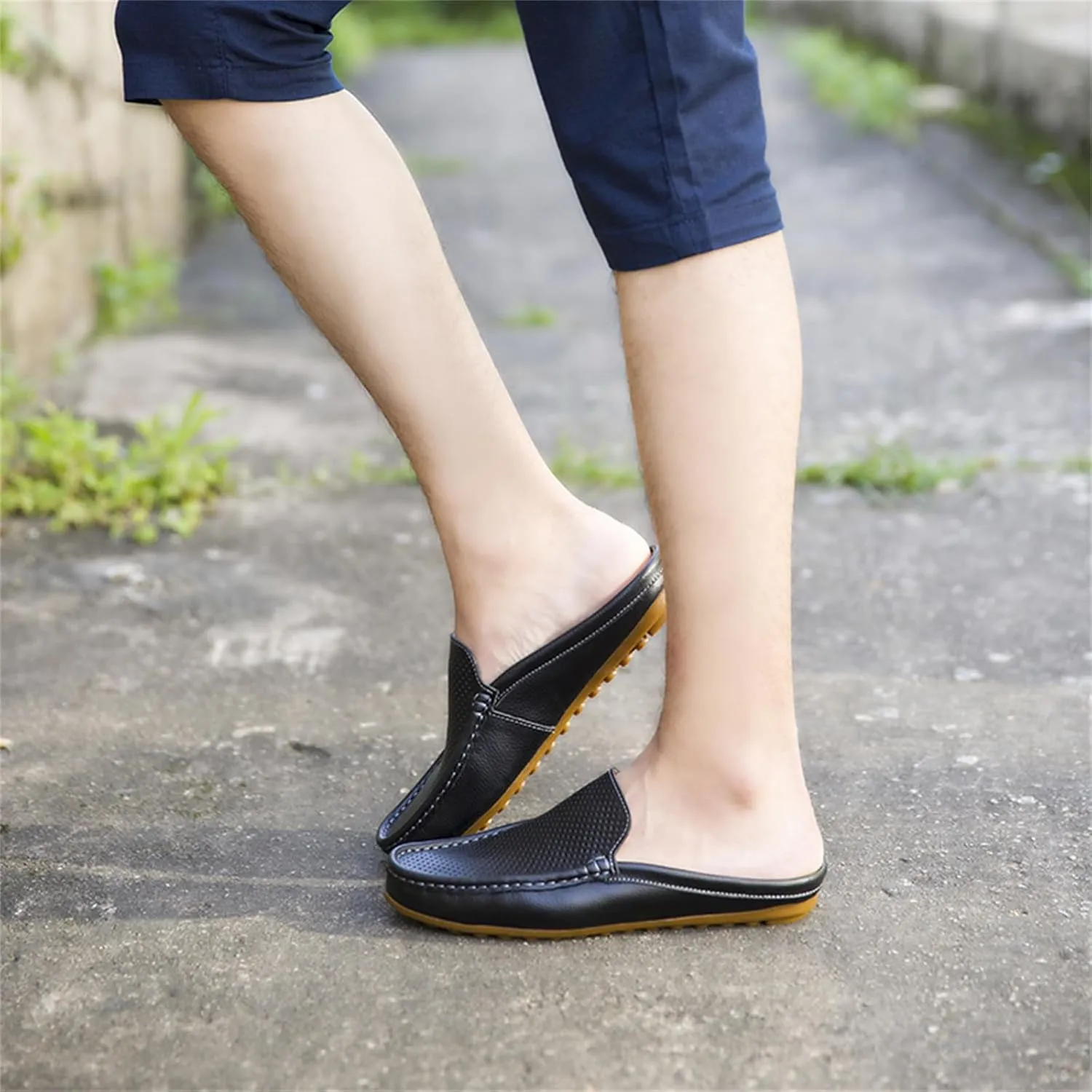 Men's Hollow Leather Slip On Mules Clog Slippers Casual Round Toe Backless Flat Loafers Dress Shoes for Walking Wedding