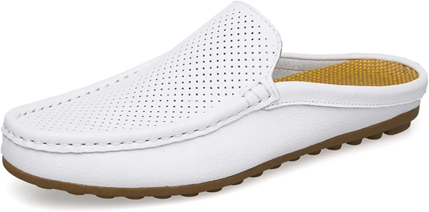 Men's Hollow Leather Slip On Mules Clog Slippers Casual Round Toe Backless Flat Loafers Dress Shoes for Walking Wedding
