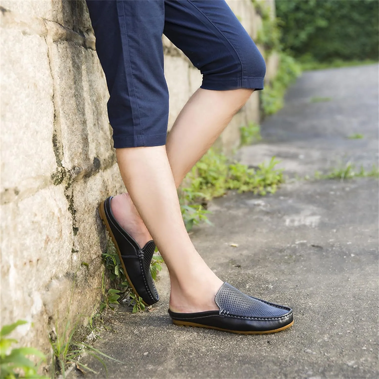 Men's Hollow Leather Slip On Mules Clog Slippers Casual Round Toe Backless Flat Loafers Dress Shoes for Walking Wedding