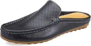 Men's Hollow Leather Slip On Mules Clog Slippers Casual Round Toe Backless Flat Loafers Dress Shoes for Walking Wedding