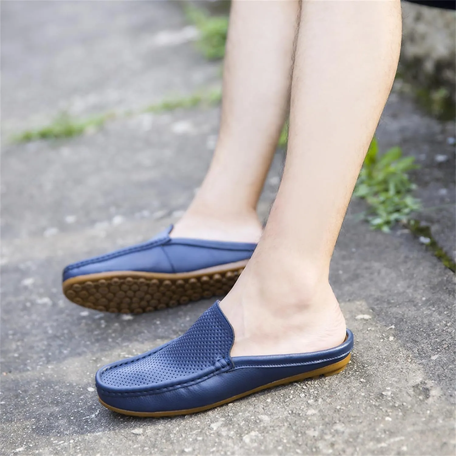 Men's Hollow Leather Slip On Mules Clog Slippers Casual Round Toe Backless Flat Loafers Dress Shoes for Walking Wedding