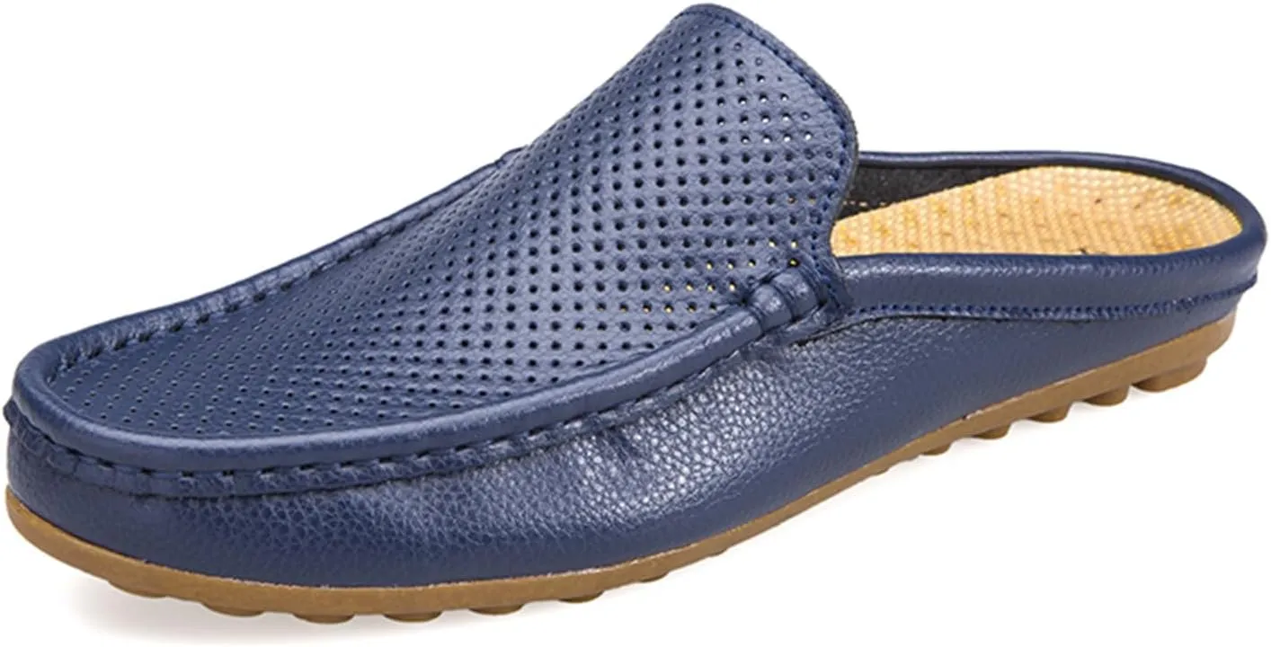 Men's Hollow Leather Slip On Mules Clog Slippers Casual Round Toe Backless Flat Loafers Dress Shoes for Walking Wedding