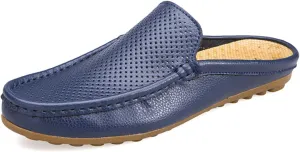 Men's Hollow Leather Slip On Mules Clog Slippers Casual Round Toe Backless Flat Loafers Dress Shoes for Walking Wedding