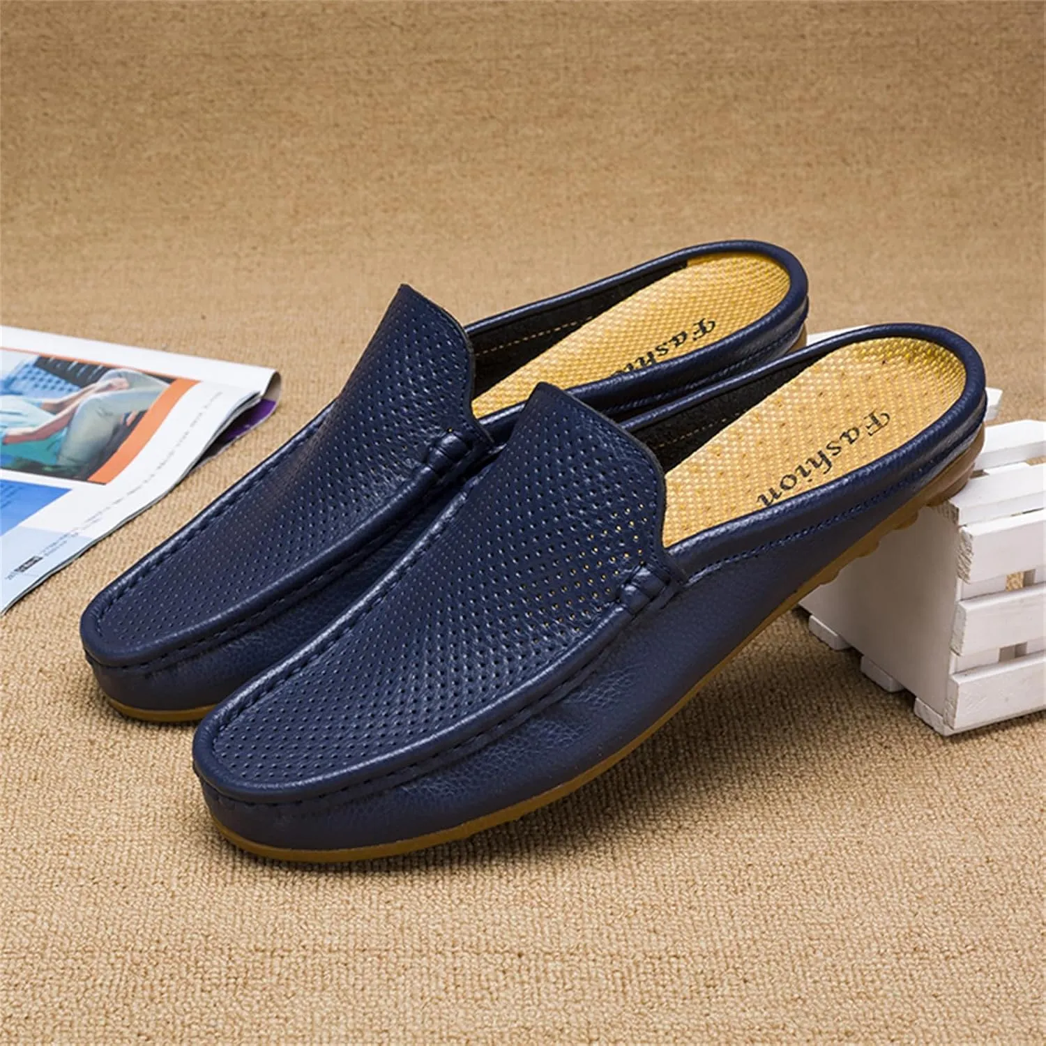 Men's Hollow Leather Slip On Mules Clog Slippers Casual Round Toe Backless Flat Loafers Dress Shoes for Walking Wedding