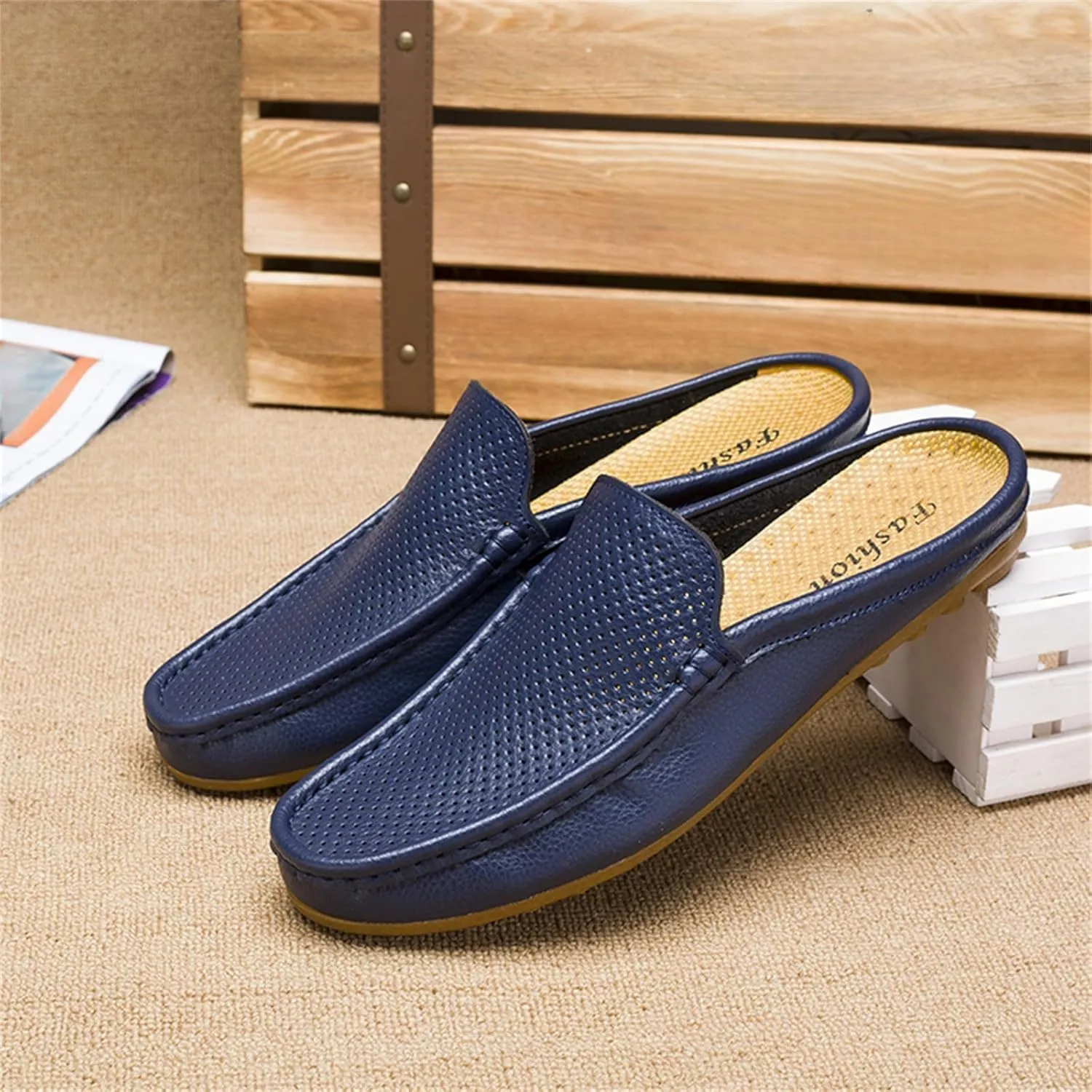Men's Hollow Leather Slip On Mules Clog Slippers Casual Round Toe Backless Flat Loafers Dress Shoes for Walking Wedding