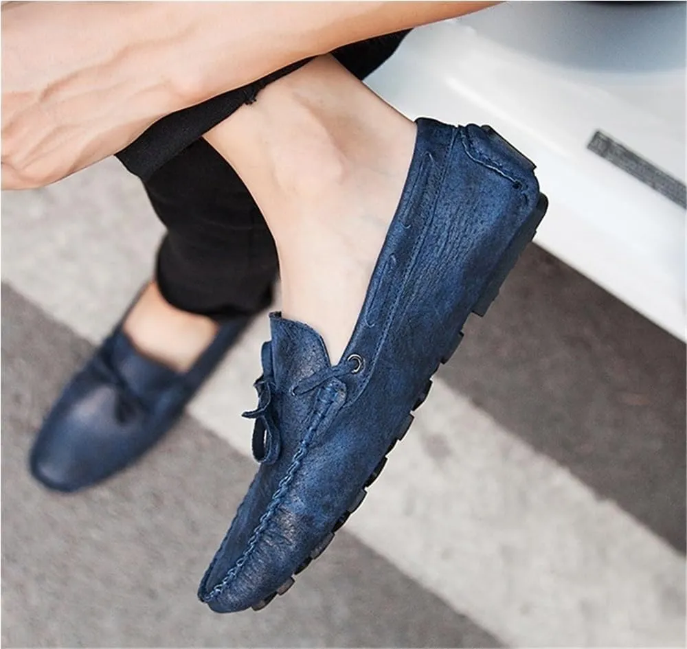 Mens Loafers Genuine Leather Stitching Details Anti-Slip Lightweight Flexible Flat Heel Resistant Classic Casual Deck Shoes