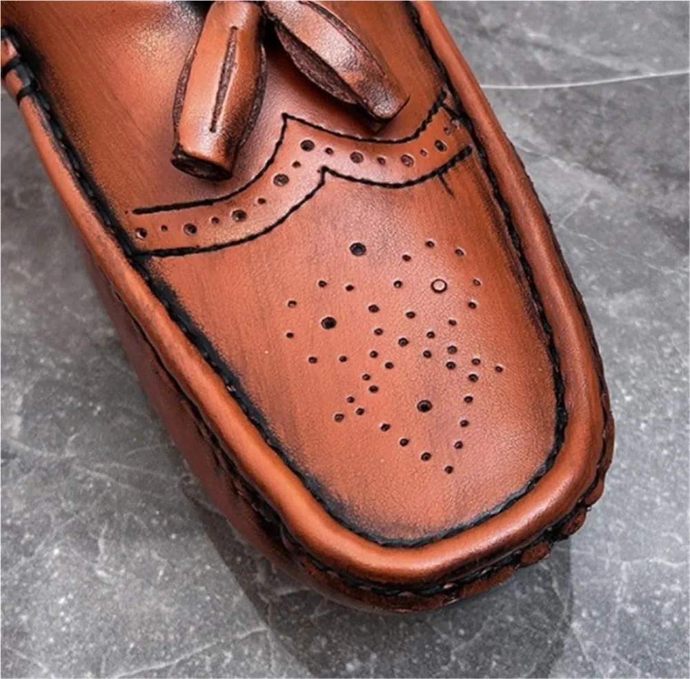 Mens Loafers Square Toe Brogue Embossed with Tassel Driving Loafers Lightweight Slip Resistant Flexible Party Slip-ons