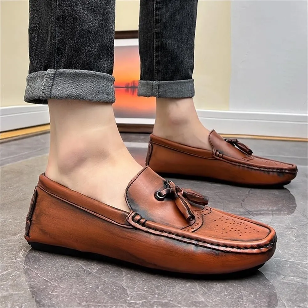 Mens Loafers Square Toe Brogue Embossed with Tassel Driving Loafers Lightweight Slip Resistant Flexible Party Slip-ons