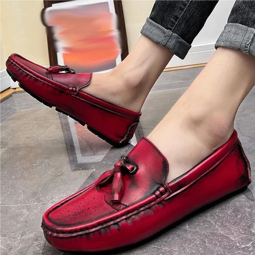 Mens Loafers Square Toe Brogue Embossed with Tassel Driving Loafers Lightweight Slip Resistant Flexible Party Slip-ons