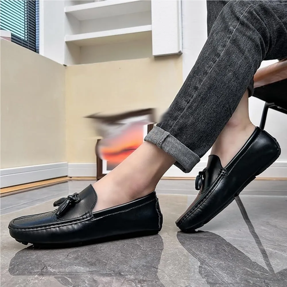 Mens Loafers Square Toe Brogue Embossed with Tassel Driving Loafers Lightweight Slip Resistant Flexible Party Slip-ons
