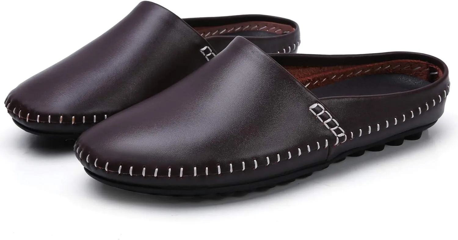 Mens Mules Clog Slippers Breathable Punching Genuine Leather Slip on Casual Backless Loafer Shoes
