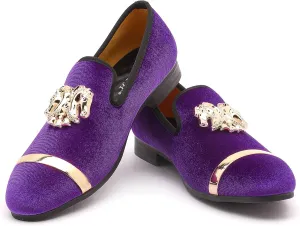Mens Rhinestone Loafers Velvet Tuxedo Dress Shoes with Gold Plate Smoking Slippers Slip-On Penny Party Wedding Casual Shoes