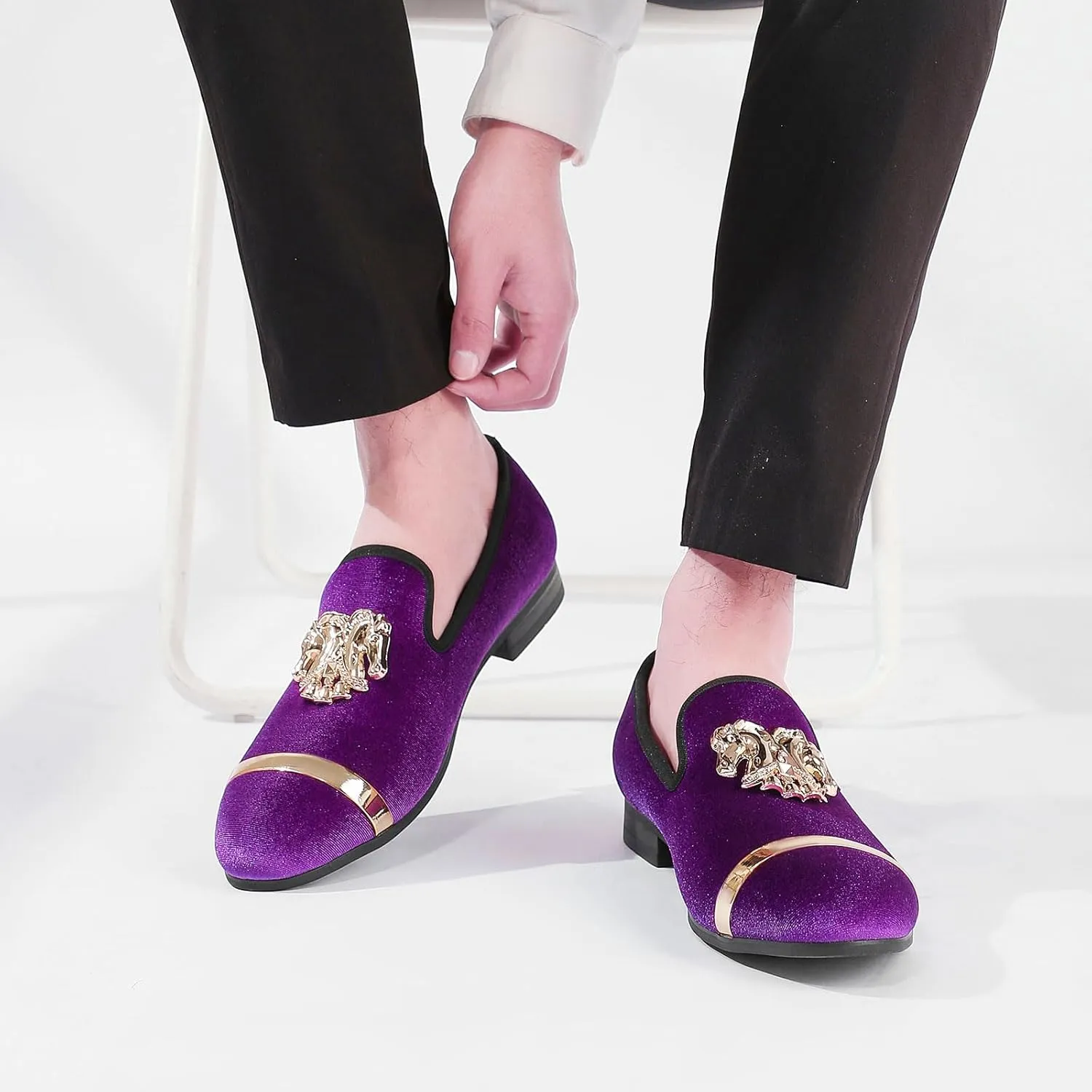 Mens Rhinestone Loafers Velvet Tuxedo Dress Shoes with Gold Plate Smoking Slippers Slip-On Penny Party Wedding Casual Shoes