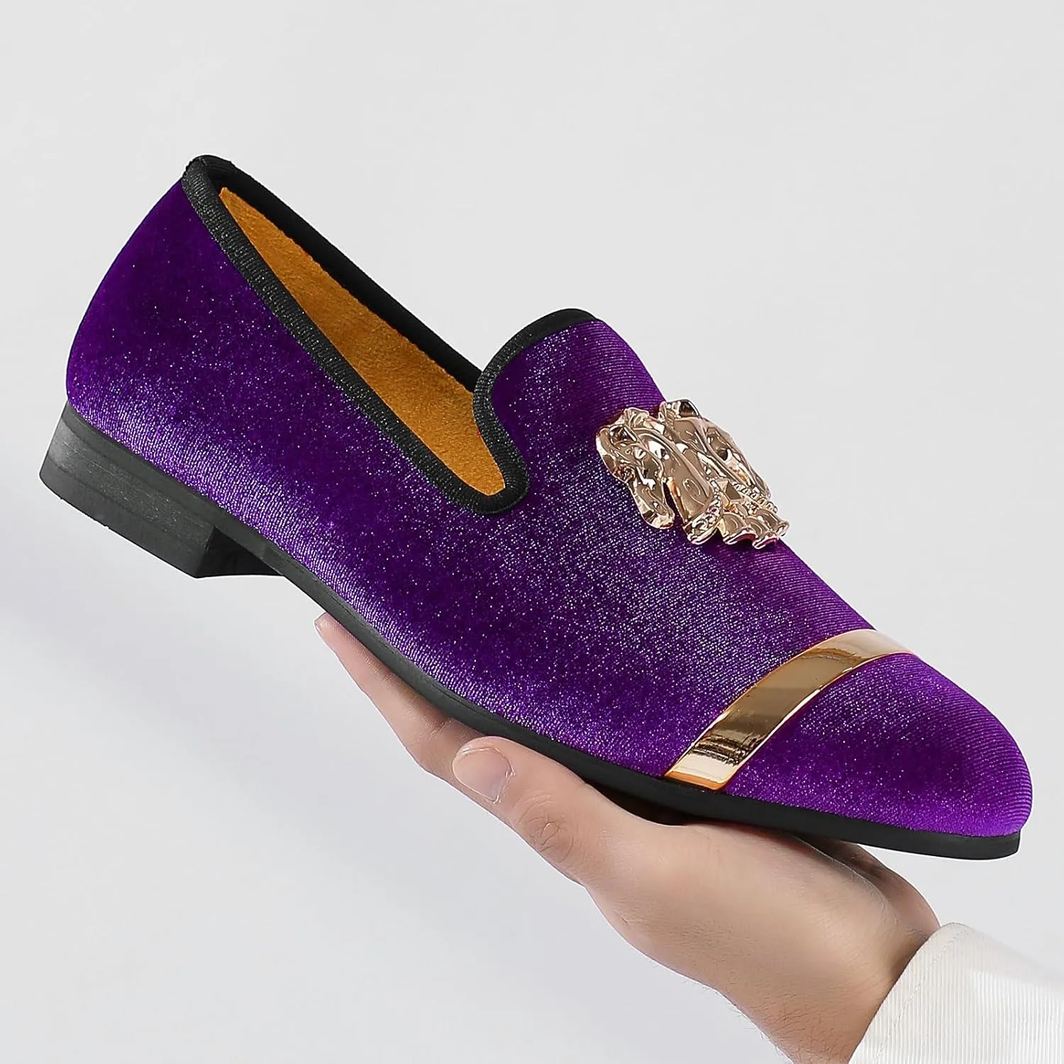 Mens Rhinestone Loafers Velvet Tuxedo Dress Shoes with Gold Plate Smoking Slippers Slip-On Penny Party Wedding Casual Shoes