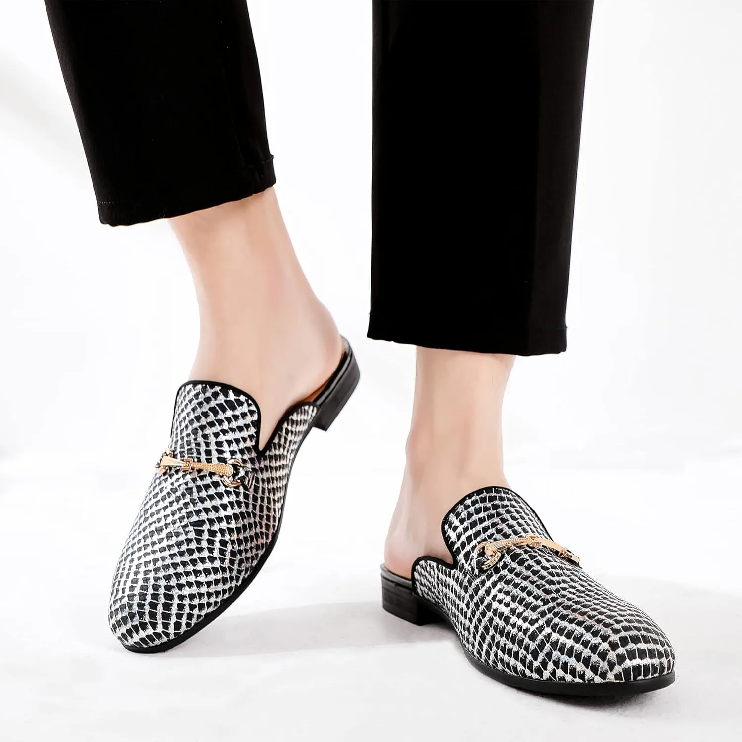Men's Slip-on Mule Sandals Loafer with Gold Buckle,Fashion Leather Formal Wear Casual Backless Dress Slippers