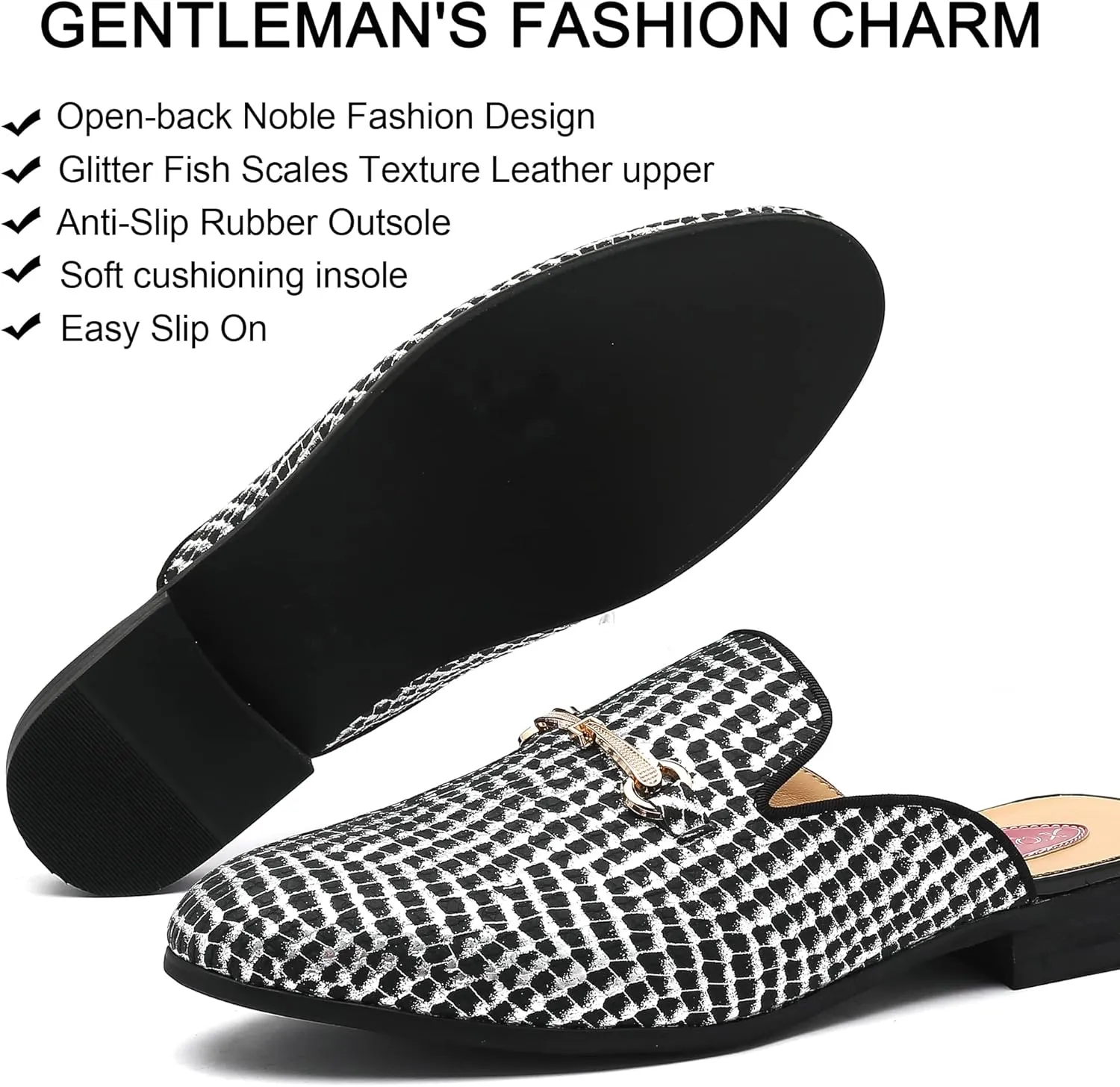 Men's Slip-on Mule Sandals Loafer with Gold Buckle,Fashion Leather Formal Wear Casual Backless Dress Slippers