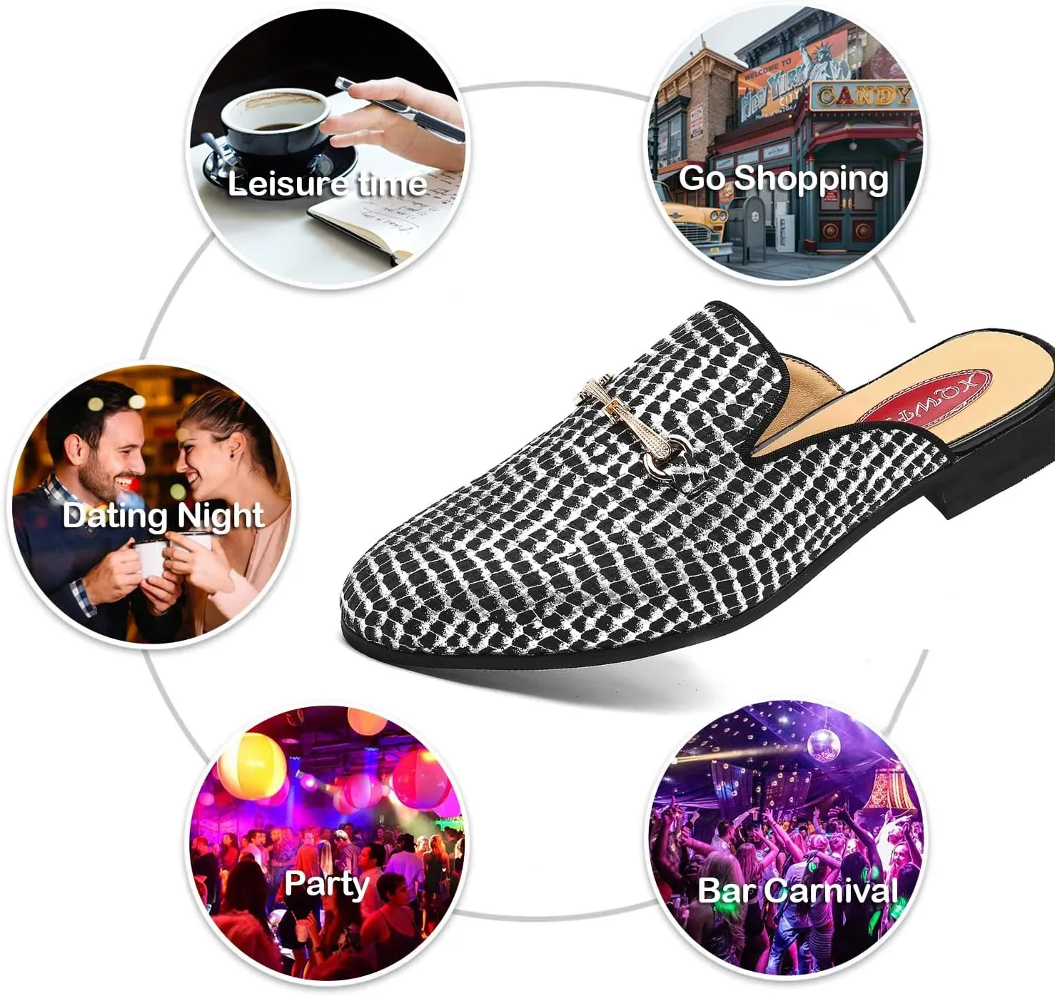 Men's Slip-on Mule Sandals Loafer with Gold Buckle,Fashion Leather Formal Wear Casual Backless Dress Slippers