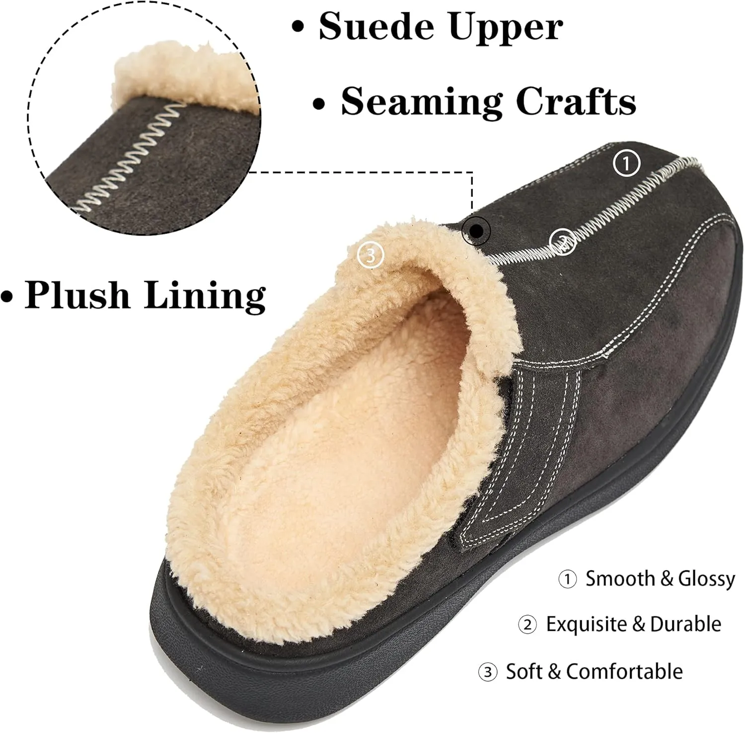 Men's Suede Leather House Slippers Arch Support Non Slip (Size:US 8-US 14.5)