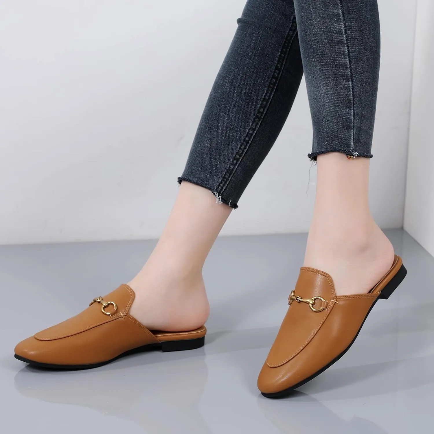 Minorsu Buckle Mules for Women Flats Round Toe Mule Backless Slides Slip On Loafer Shoes