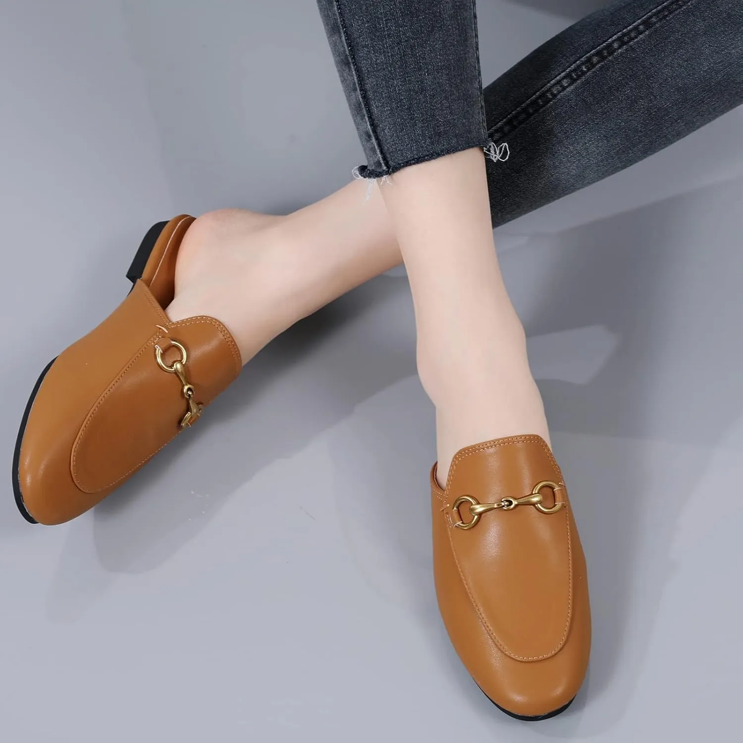 Minorsu Buckle Mules for Women Flats Round Toe Mule Backless Slides Slip On Loafer Shoes
