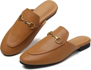 Minorsu Buckle Mules for Women Flats Round Toe Mule Backless Slides Slip On Loafer Shoes