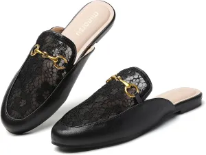 Minorsu Women's Black Animal Print Buckle Mules - Memory Foam Insole - Low Heel - Casual Mule Shoes