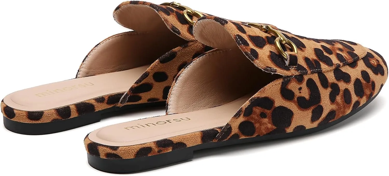 Minorsu Women's Black Animal Print Buckle Mules - Memory Foam Insole - Low Heel - Casual Mule Shoes
