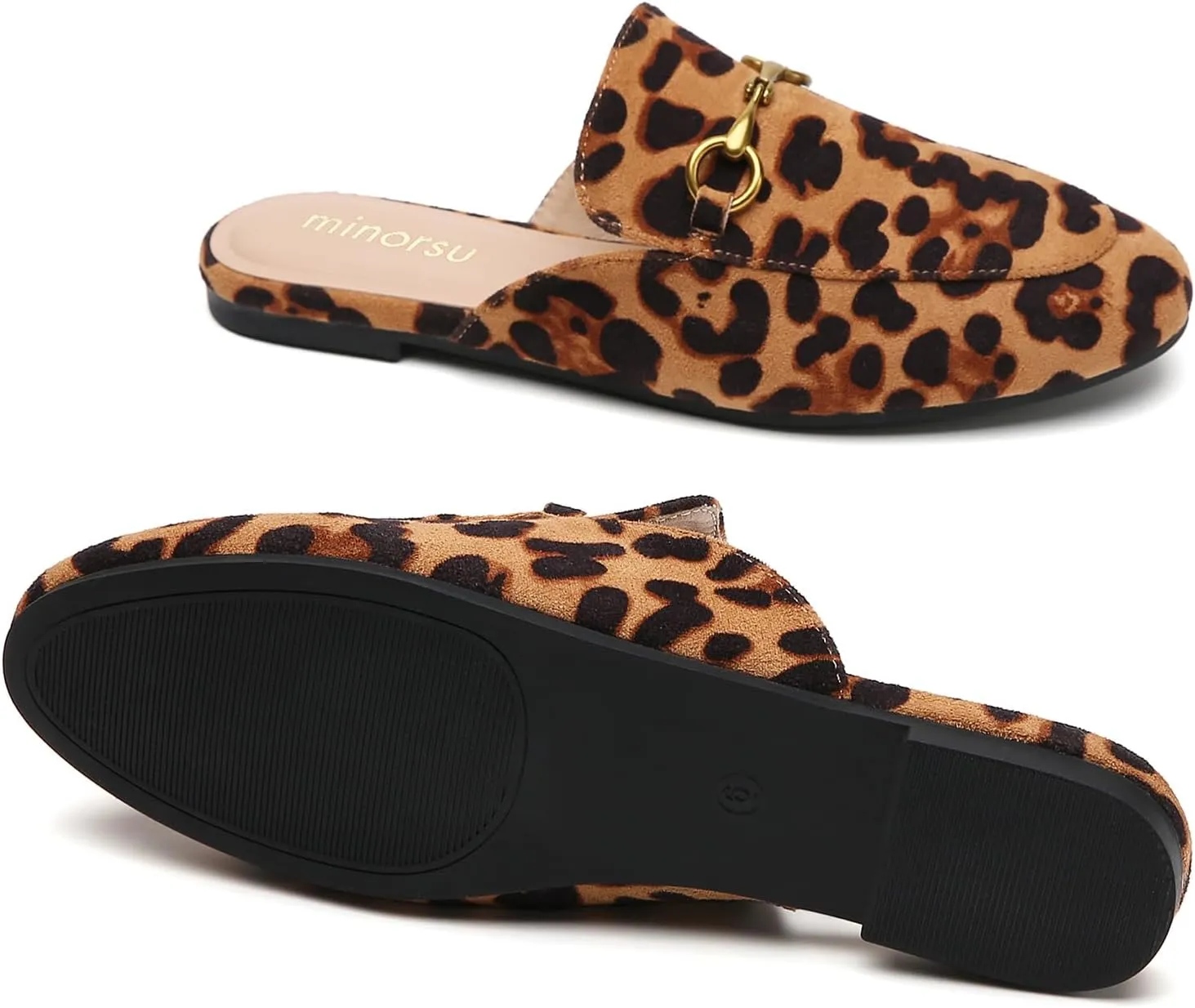 Minorsu Women's Black Animal Print Buckle Mules - Memory Foam Insole - Low Heel - Casual Mule Shoes