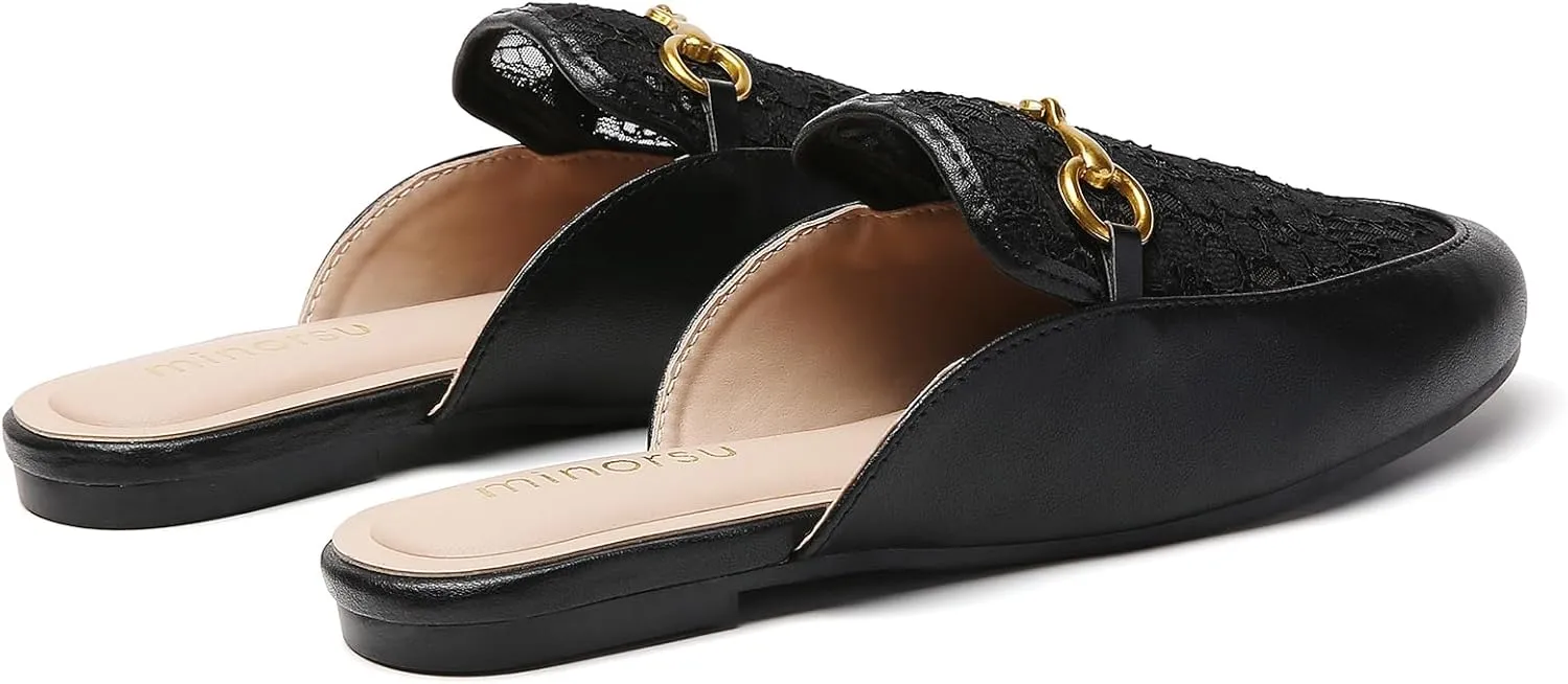 Minorsu Women's Black Animal Print Buckle Mules - Memory Foam Insole - Low Heel - Casual Mule Shoes