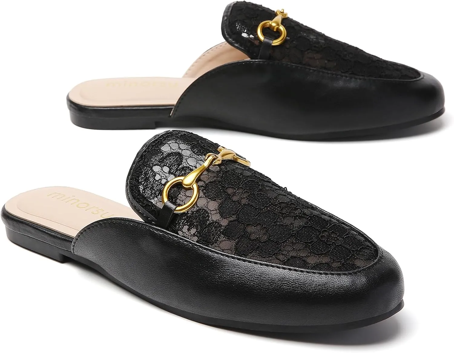 Minorsu Women's Black Animal Print Buckle Mules - Memory Foam Insole - Low Heel - Casual Mule Shoes
