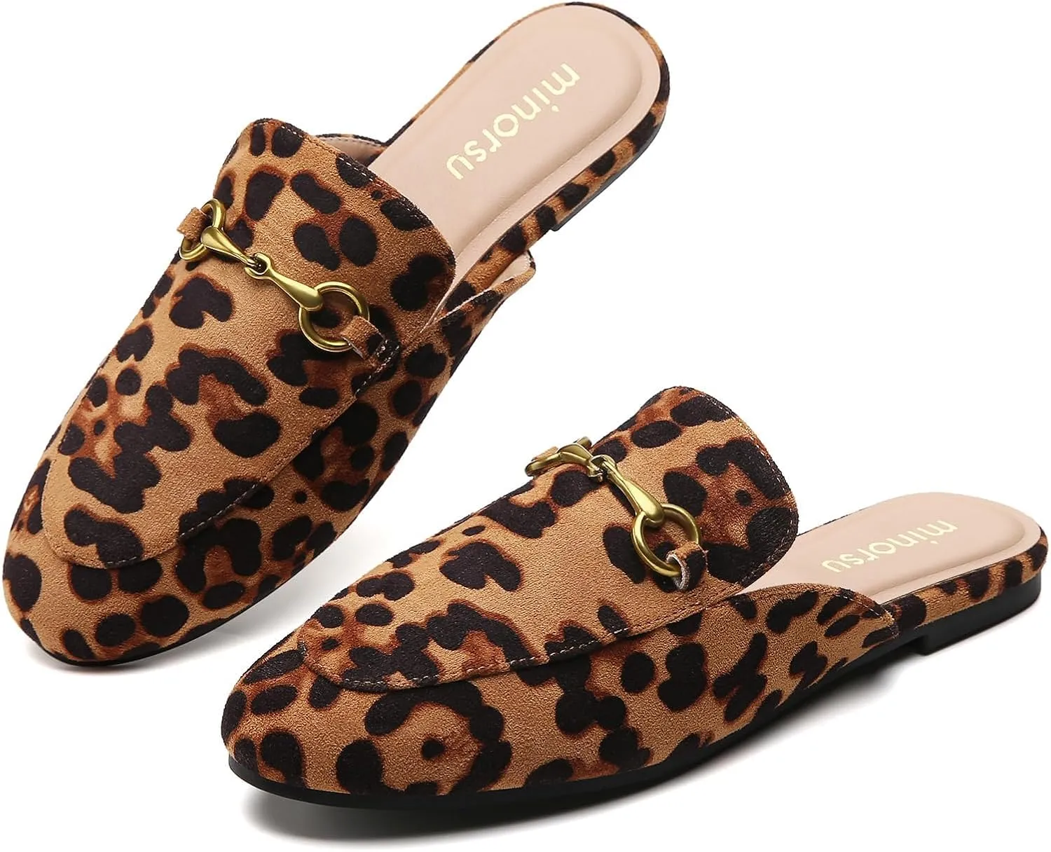 Minorsu Women's Black Animal Print Buckle Mules - Memory Foam Insole - Low Heel - Casual Mule Shoes