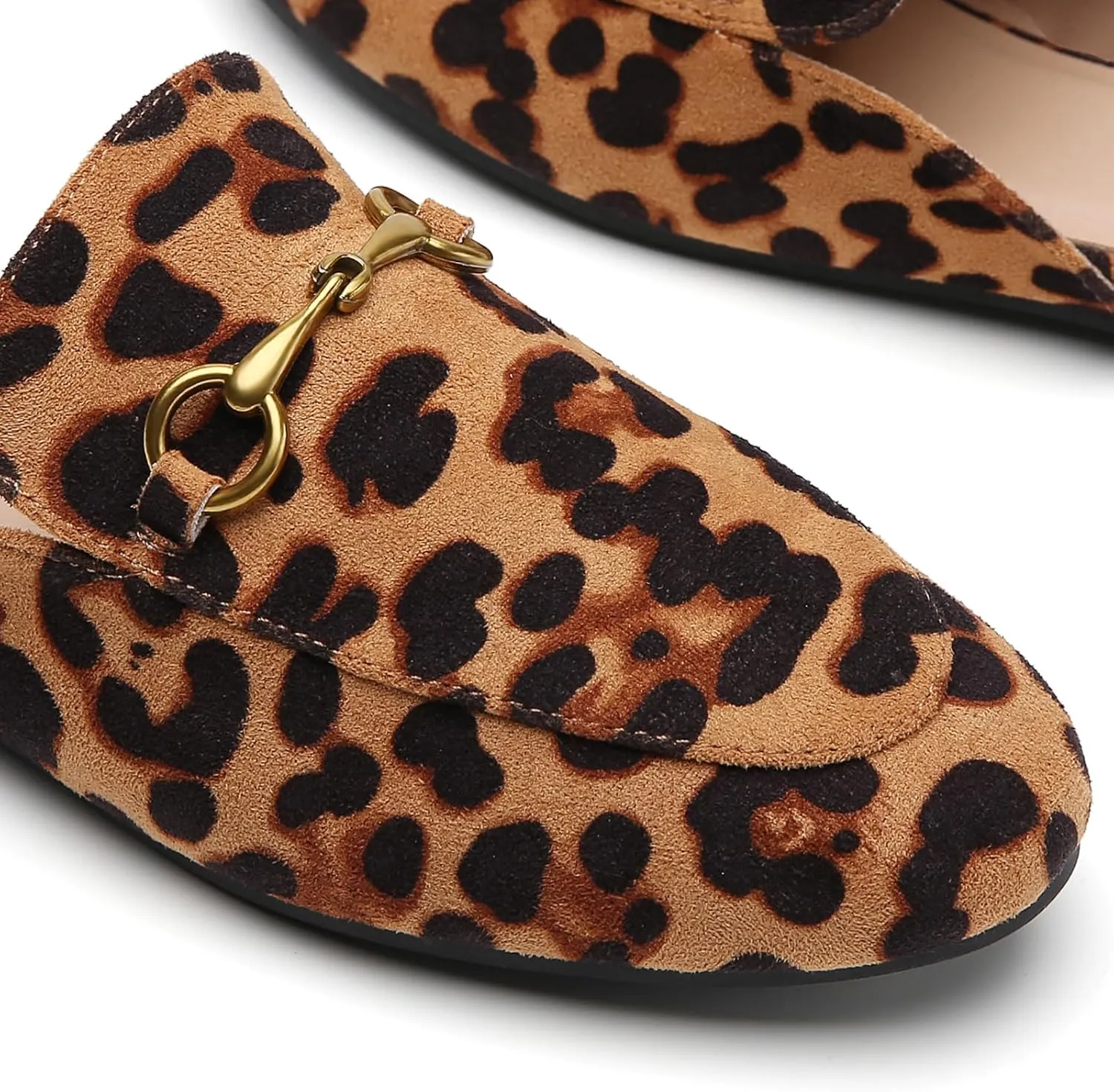 Minorsu Women's Black Animal Print Buckle Mules - Memory Foam Insole - Low Heel - Casual Mule Shoes