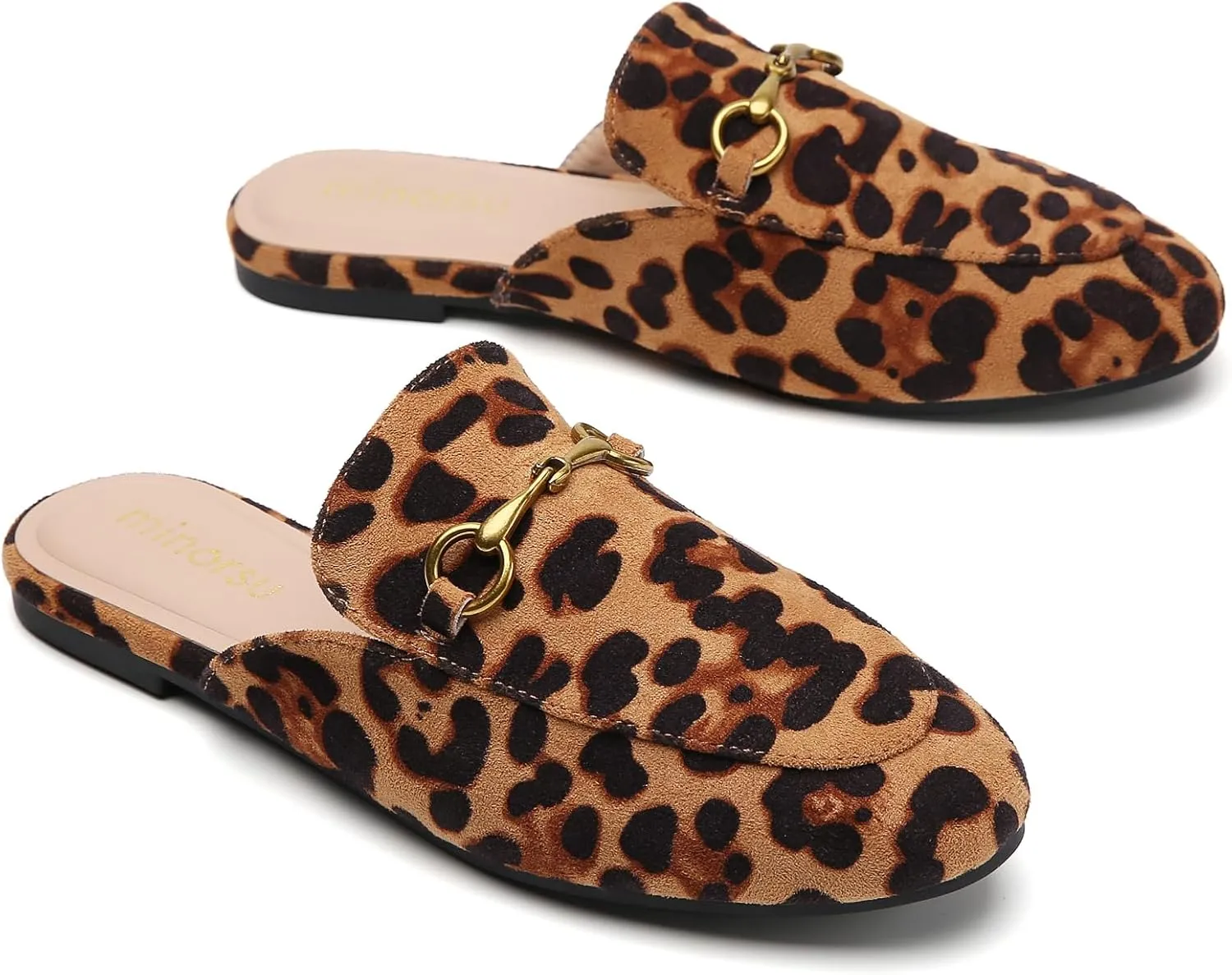 Minorsu Women's Black Animal Print Buckle Mules - Memory Foam Insole - Low Heel - Casual Mule Shoes