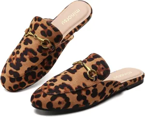 Minorsu Women's Black Animal Print Buckle Mules - Memory Foam Insole - Low Heel - Casual Mule Shoes