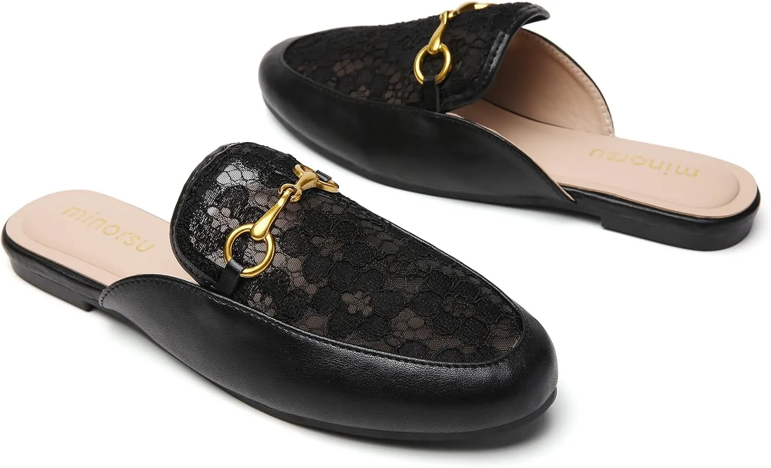 Minorsu Women's Black Animal Print Buckle Mules - Memory Foam Insole - Low Heel - Casual Mule Shoes