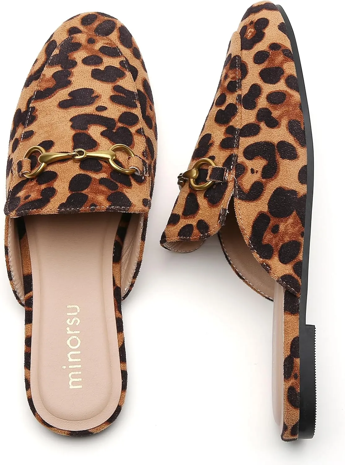 Minorsu Women's Black Animal Print Buckle Mules - Memory Foam Insole - Low Heel - Casual Mule Shoes
