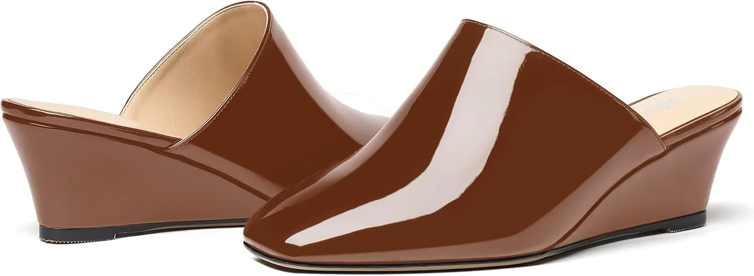 MODENCOCO Women's Slip On Comfortable Patent Dating Casual Square Toe Wedge Low Heel Mules Shoes 2 Inch