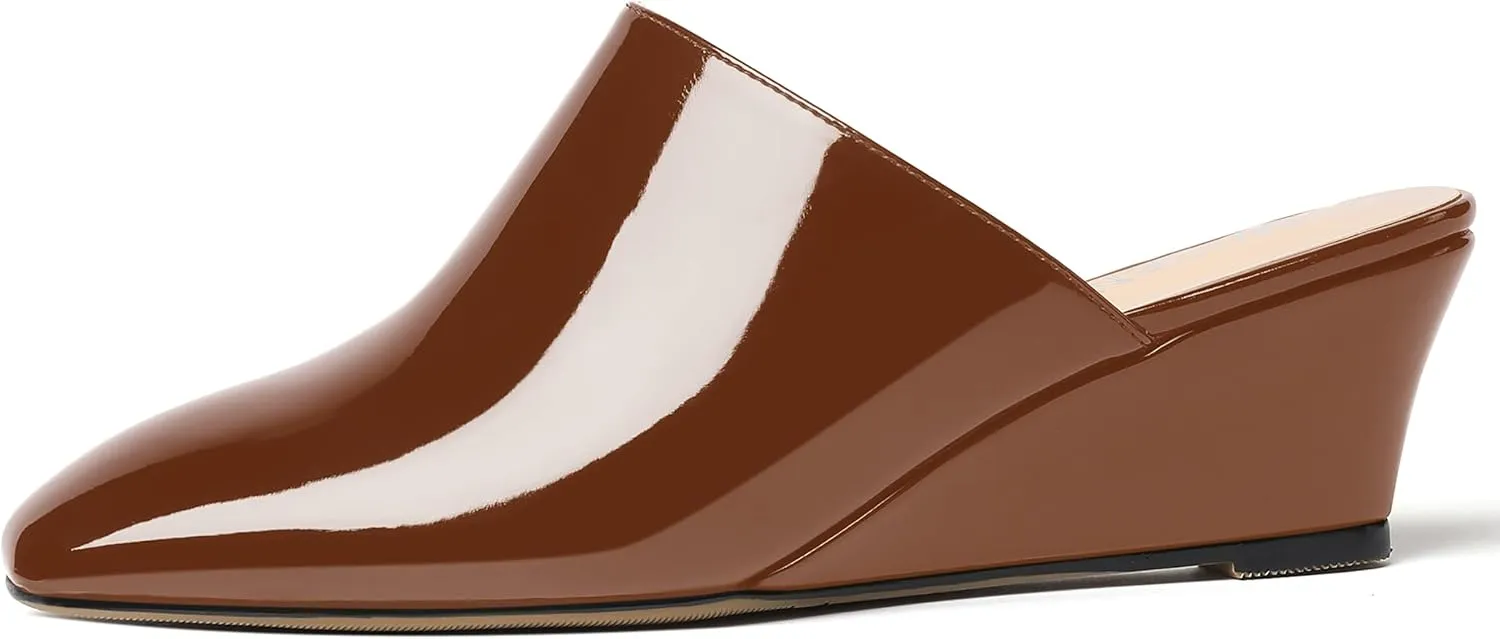 MODENCOCO Women's Slip On Comfortable Patent Dating Casual Square Toe Wedge Low Heel Mules Shoes 2 Inch