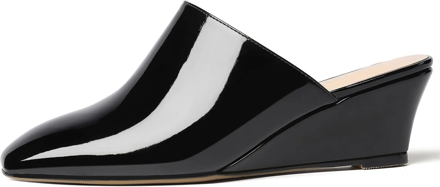 MODENCOCO Women's Slip On Comfortable Patent Dating Casual Square Toe Wedge Low Heel Mules Shoes 2 Inch