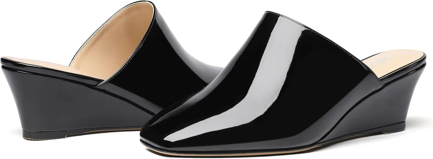 MODENCOCO Women's Slip On Comfortable Patent Dating Casual Square Toe Wedge Low Heel Mules Shoes 2 Inch
