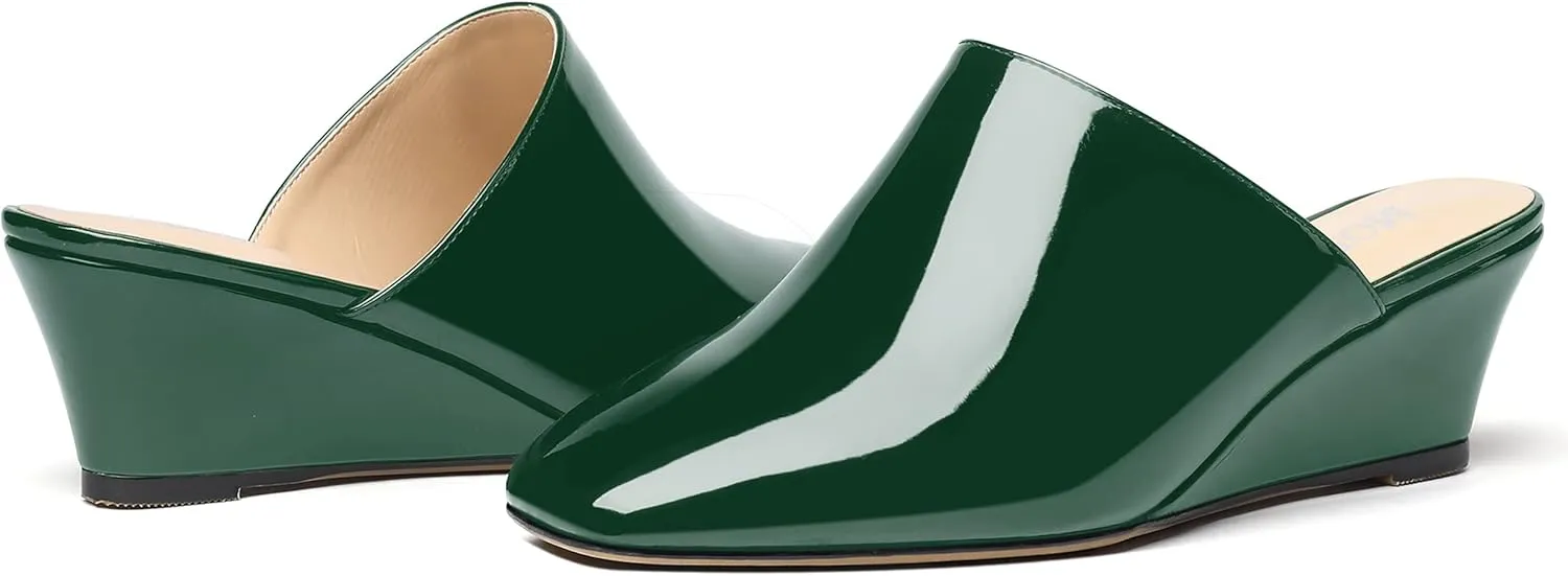 MODENCOCO Women's Slip On Comfortable Patent Dating Casual Square Toe Wedge Low Heel Mules Shoes 2 Inch