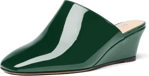 MODENCOCO Women's Slip On Comfortable Patent Dating Casual Square Toe Wedge Low Heel Mules Shoes 2 Inch
