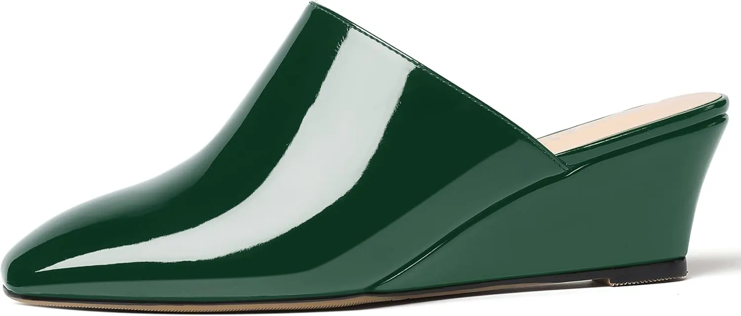 MODENCOCO Women's Slip On Comfortable Patent Dating Casual Square Toe Wedge Low Heel Mules Shoes 2 Inch