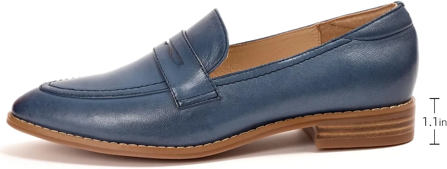 Mona flying Women's Leather Pointed Toe Penny Loafer Dress Casual Slip on Flat Office Work Shoes for Ladies