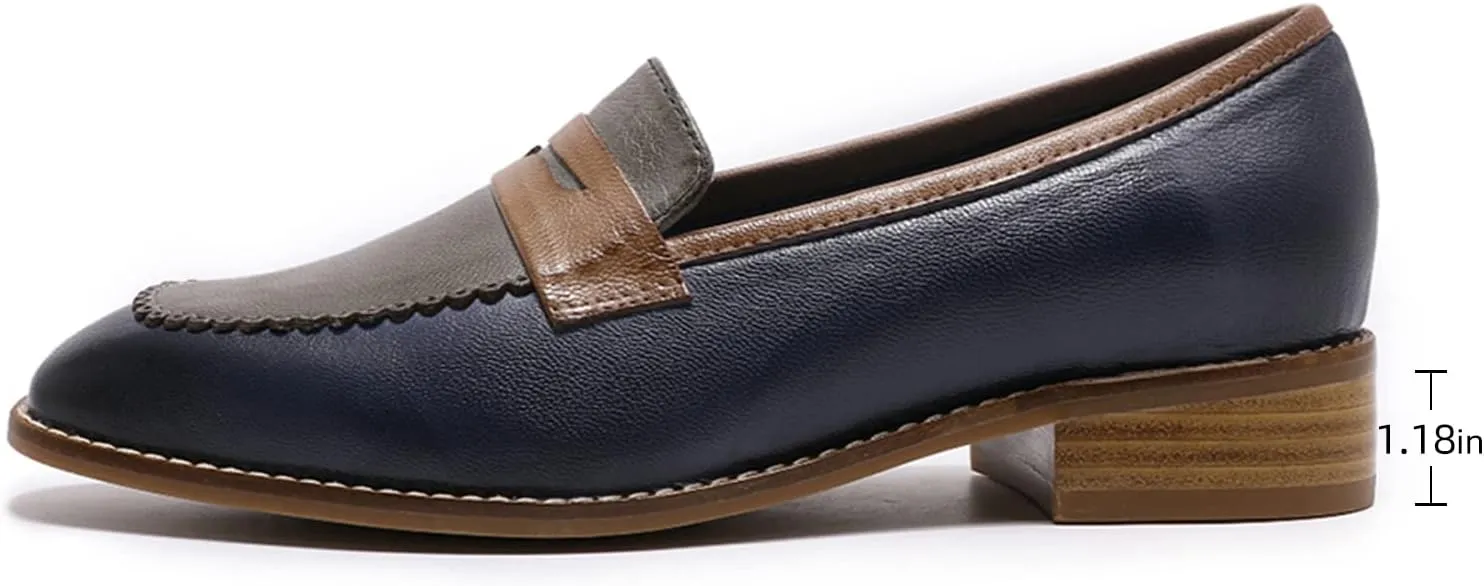 Mona flying Women's Top Leather Square Toe Penny Loafer Dress Casual Slip on Flat Office Work Shoes for Ladies