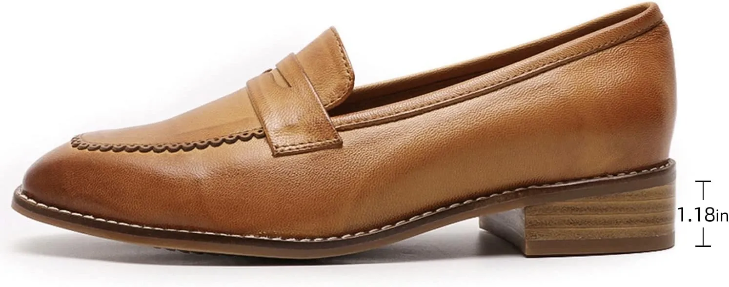 Mona flying Women's Top Leather Square Toe Penny Loafer Dress Casual Slip on Flat Office Work Shoes for Ladies